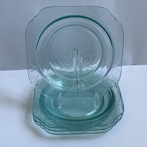 Vintage Depression Glass Recollection Madrid Teal 7.5" Salad Plates Set of 4